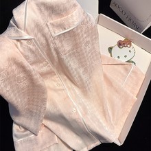 跨境冰丝睡衣女夏季薄款卡通可爱甜美开衫翻领仿真丝家居服套装