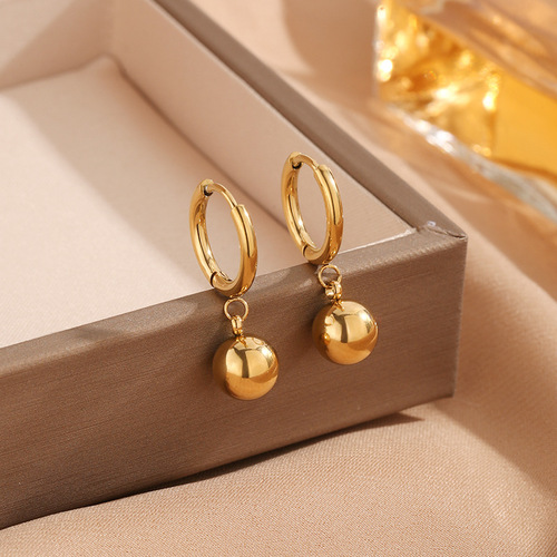 Women's Autumn/Winter Earrings Korean Style Titanium Steel Round Bead Earrings Minimalist Round Ring Small Ball Gold Bean Earrings Dangle Earrings Non-Fading