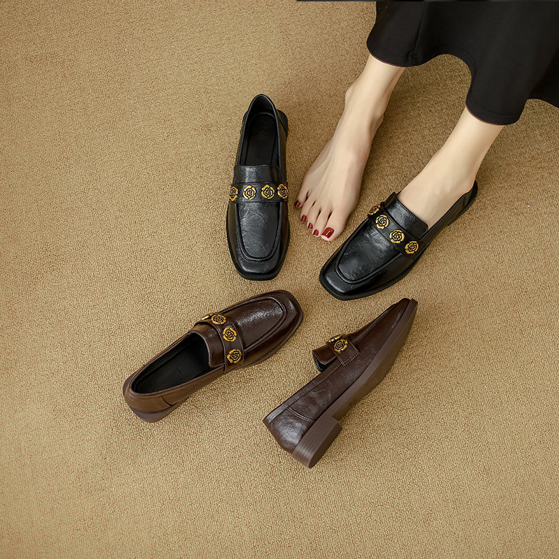 양가죽 버전 ~ 프렌치 레트로 두꺼운 굽 싱글 슈즈, 레트로 라운드 토 메탈 버클 슬립온 로퍼, 여성용 스몰 가죽 슈즈