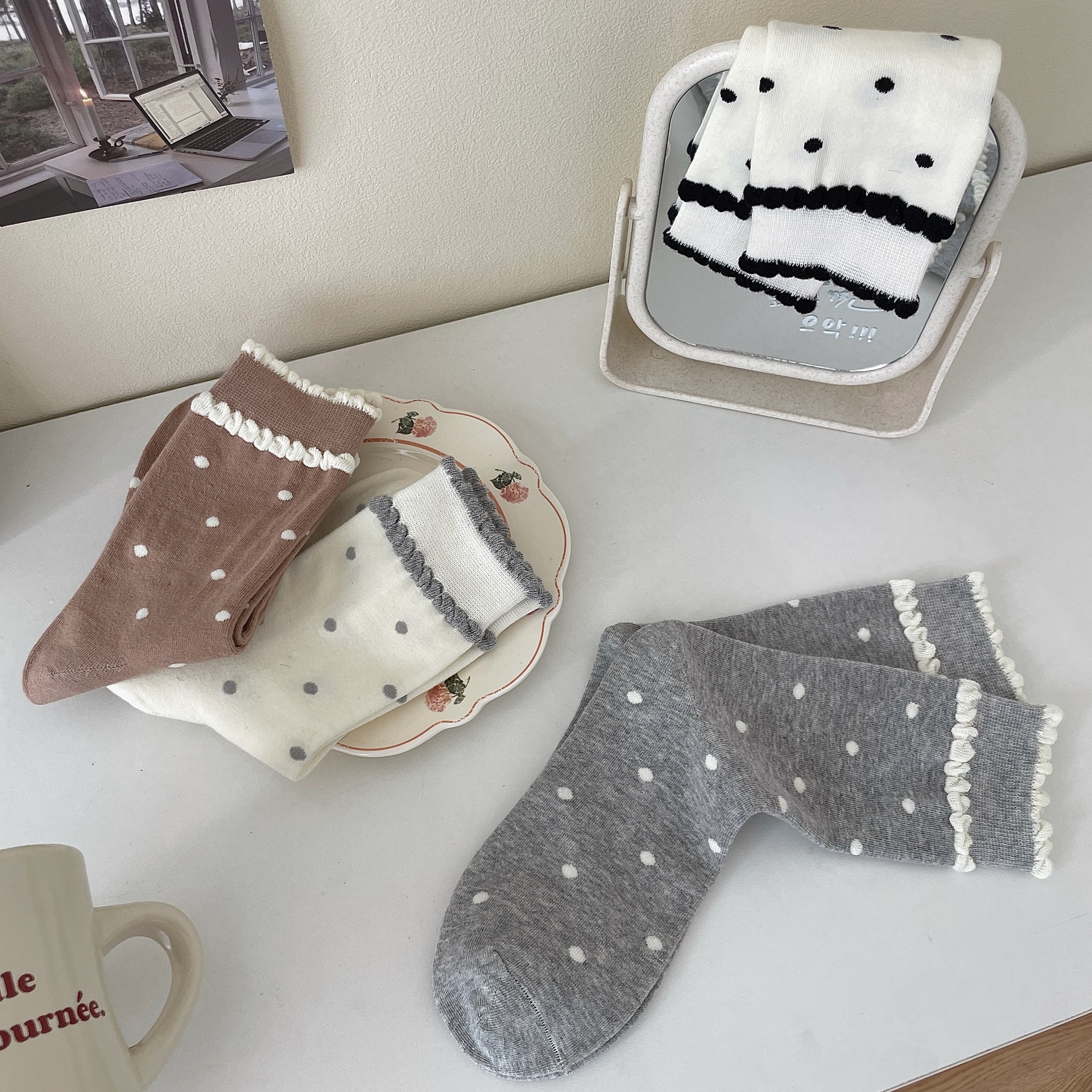 60g Weight Socks Classification Socks Lingerie Type Cotton Fabric Type A Pair Quantity Daily Occasion Polka Dots Pattern Spring, Autumn Season Women's Gender Elegant Style Elegant Women's Polka Dots Cotton Crew Socks A Pair 25