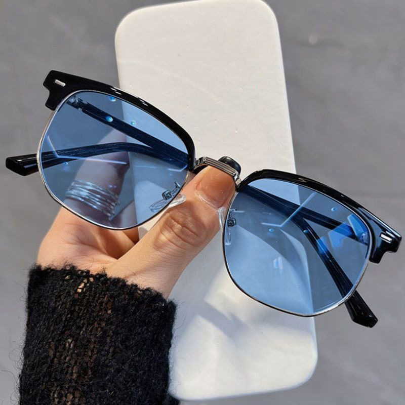 Gafas de media montura que cambian de color fotosensibles para hombres, cara grande, gafas de miopía de moda anti-luz azul, las mujeres pueden equiparse con ojos planos