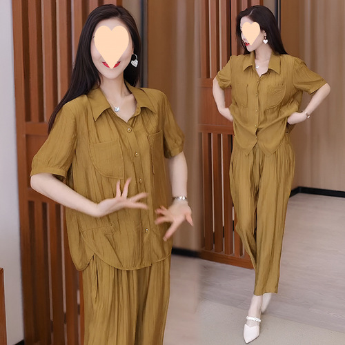 Fashion Summer Set Women 2025 Casual Korean Version Stylish Mother's Outfit Short Sleeve Shirt Two-Piece Set