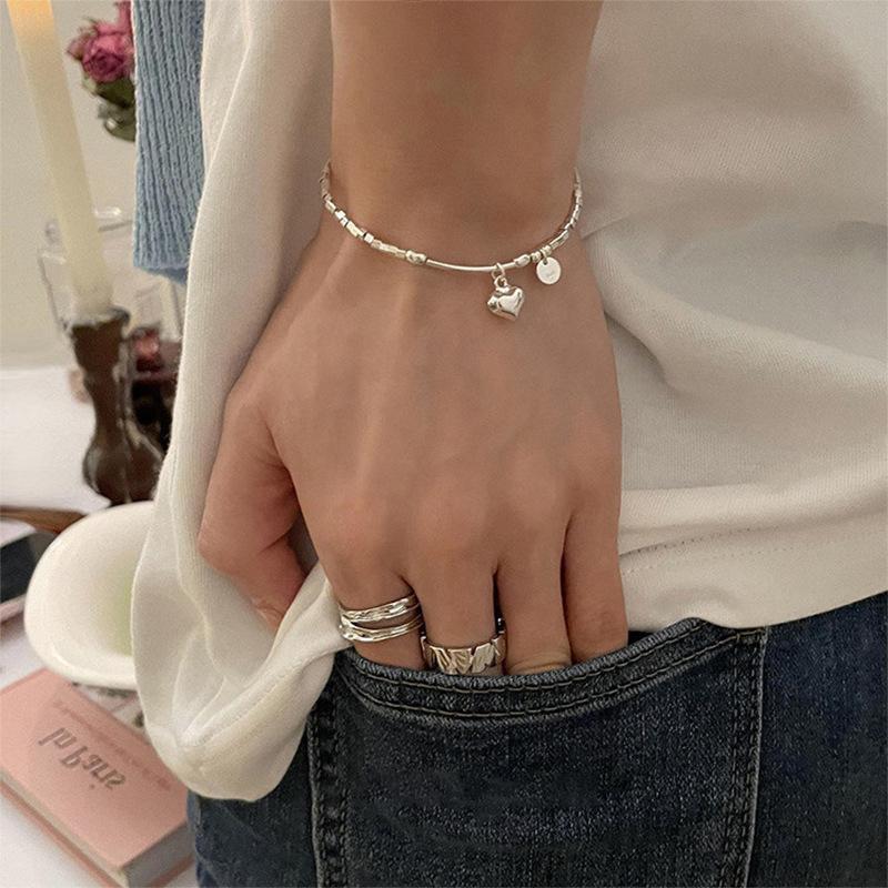 Charm, Polishing Design 1 Piece 925 Sterling Silver Heart Shape Bracelets