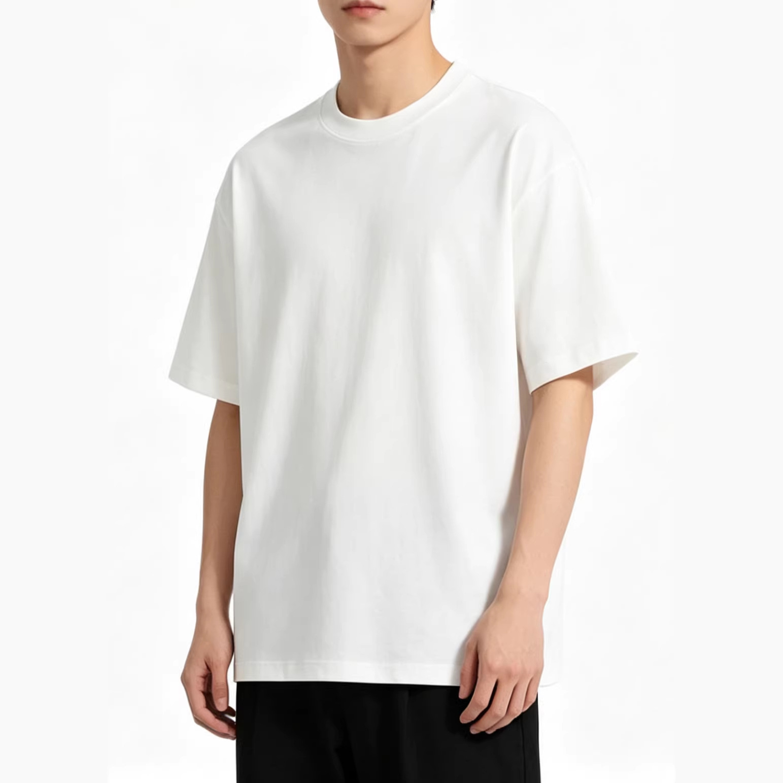 Men's Solid Color Blank Short-Sleeve T-Shirt, Drop Shoulder, Loose Fit, Crew Neck, 40S Double Yarn, 300g Heavyweight, Plus Size, Unisex Trendy Brand