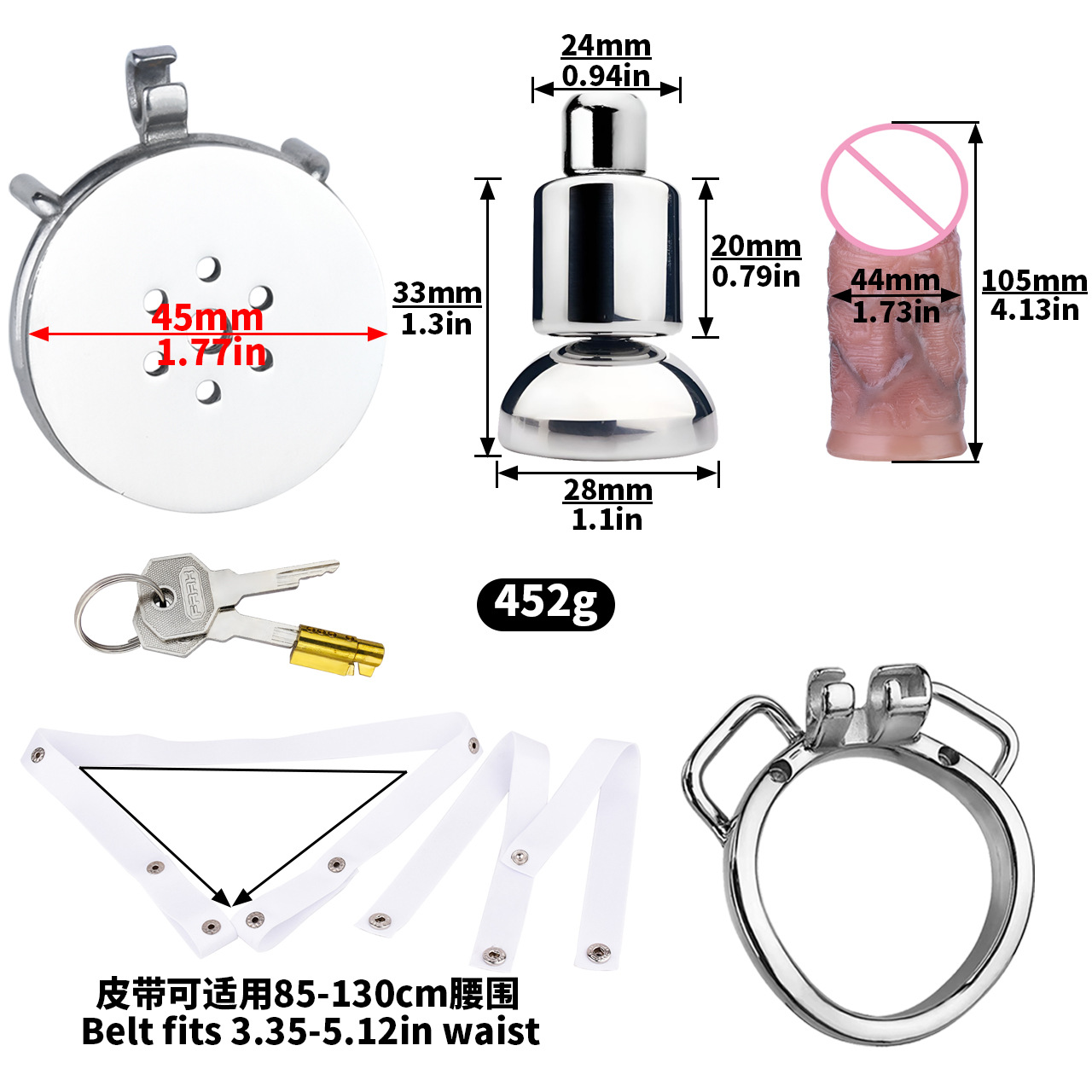 [3176a] k-04a 40mm arc ring + urine support base + s size penis + pu-5 white elastic belt
