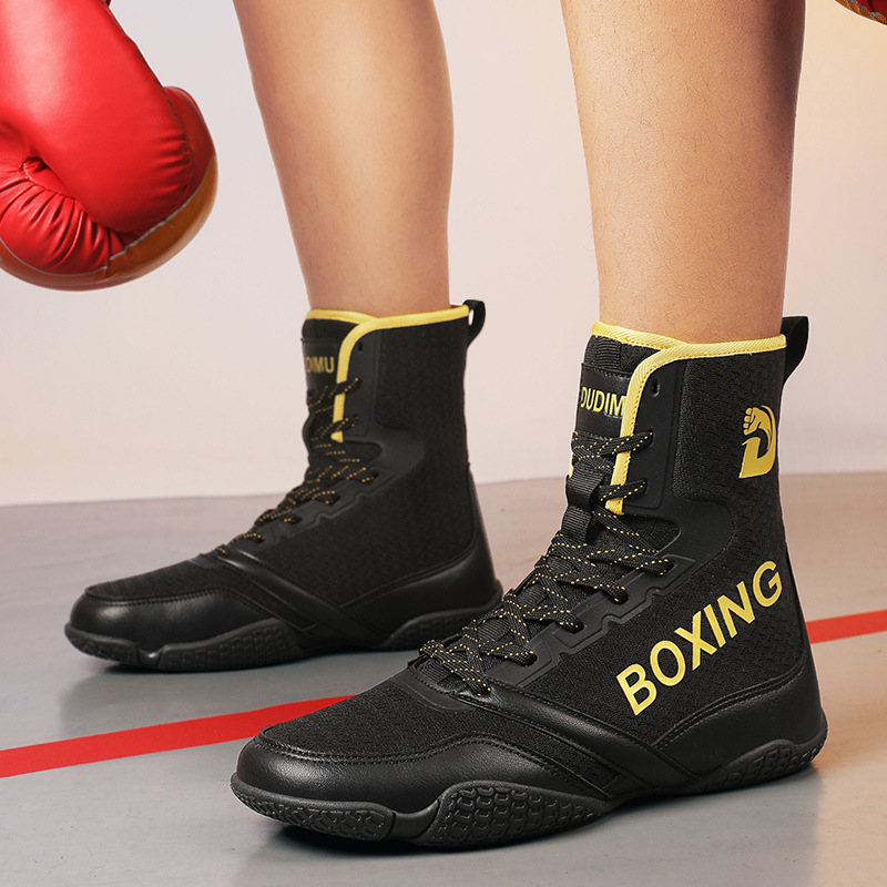 Fighting Boxing Shoes for Men and Women, Non-Slip Sports Shoes, Shock-Absorbing Low-Heeled High-Top Shoes, Martial Arts Shoes, Breathable Indoor Fitness Shoes