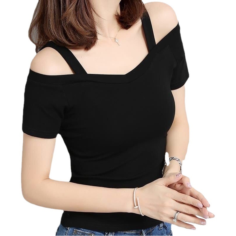 2024 Summer new Korean style off-shoulder strap short-sleeved T-shirt women's off-shoulder sexy slim-fit student top
