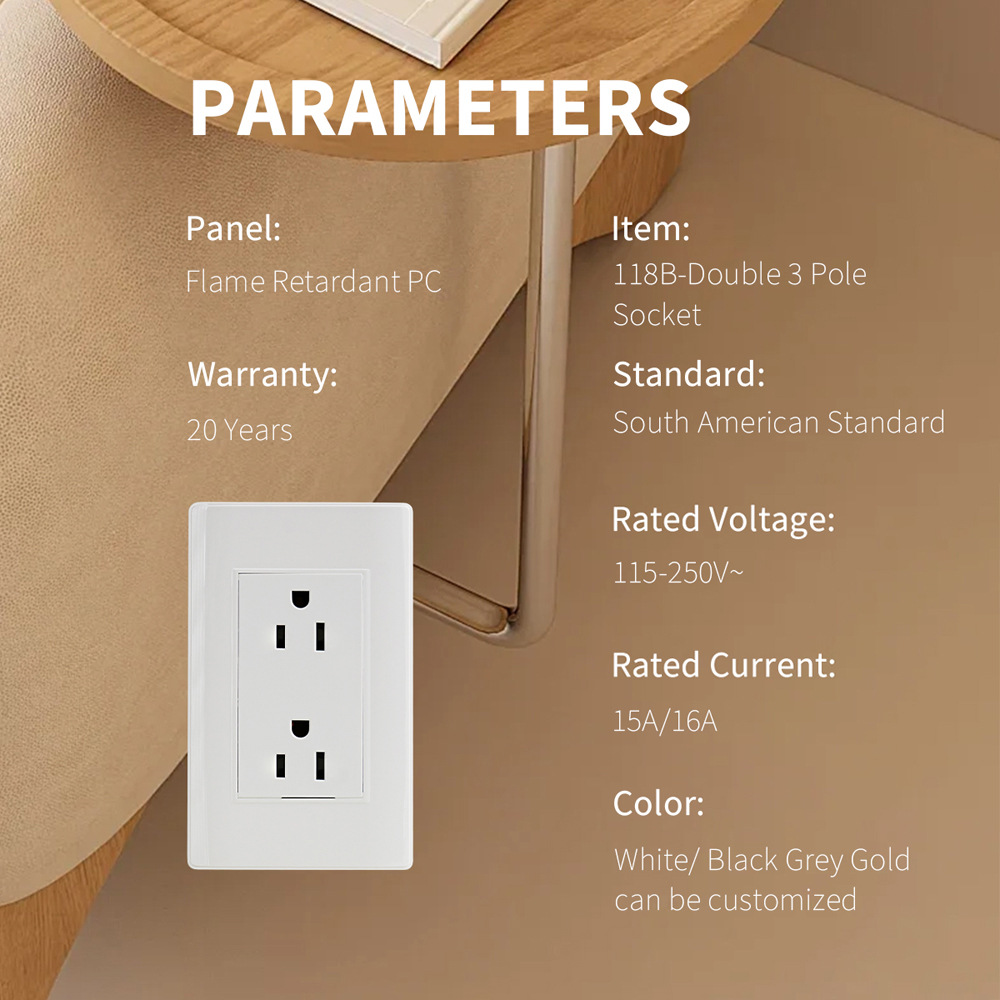 Enchufe de América del Sur 118B Enchufe de pared americano plano 6 orificios 110V 250V 15A/16A Panel de conmutación de PC estándar americano