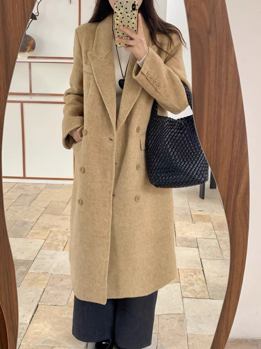 2025 Autumn and Winter New Herringbone Suit Collar Double-Sided Cashmere Outwear for Women Slimming Look Woolen Woolen Outwear with Shoulder Pads