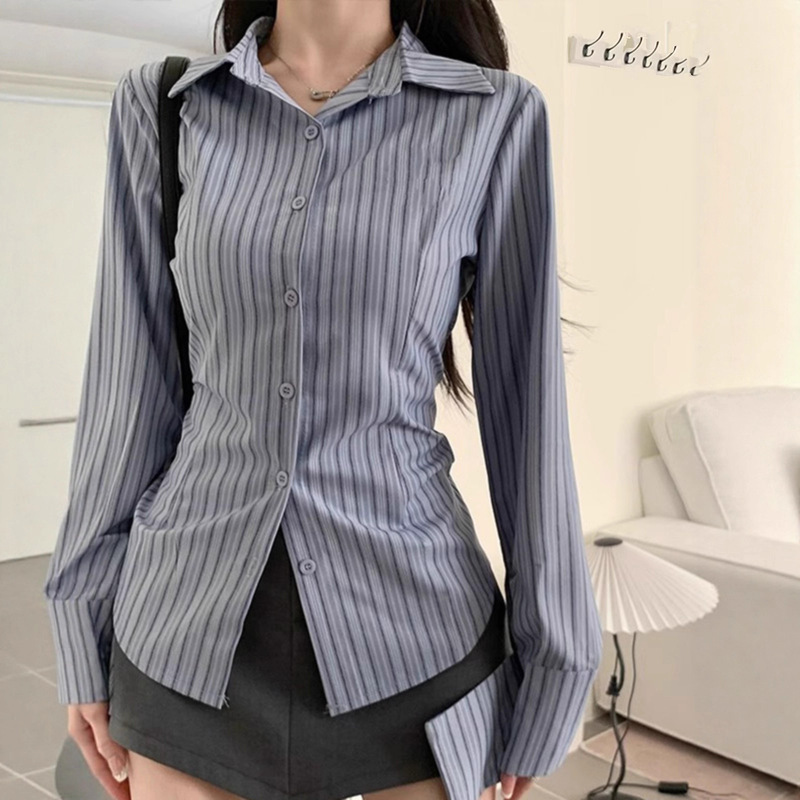 高级感穿搭条纹衬衫女2025新款修身短款御姐绝美气质甜辣翻领上衣|undefined