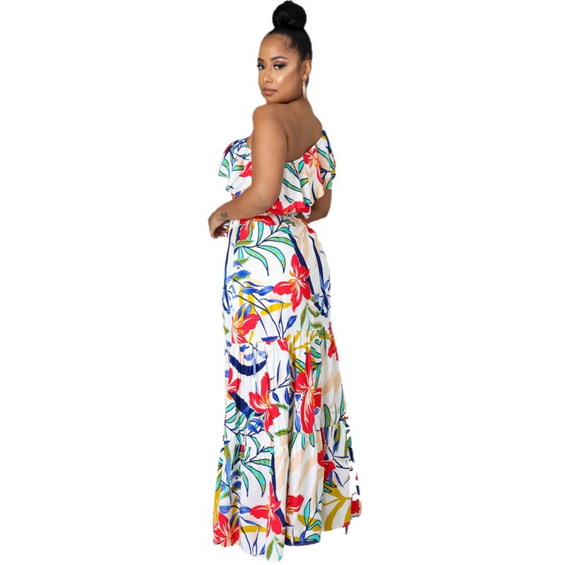 Vestido de primavera chiffon impreso hombro de un lado temperamento floral viajero Chanel estilo más tamaño swing grande ropa de mujer