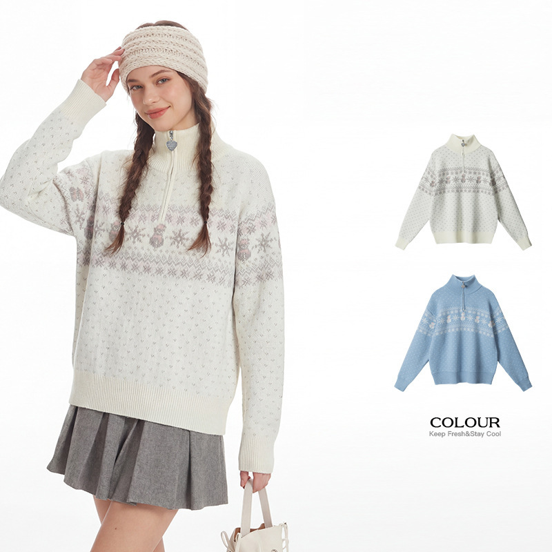 Heyhenry Pullover Half-Zip Turtleneck Fair Isle Knitwear Women's Autumn and Winter Loose Outer Wear Bottoming Knitwear