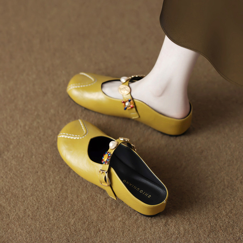 1017-11 Sheepskin Versatile Style Pearl Buckle Closed-Toe Sandals for Women, Summer Thick-Soled Mules 1017-11 Sheepskin Versatile Style Pearl Buckle Closed-Toe Sandals for Women, Summer Thick-Soled Mules