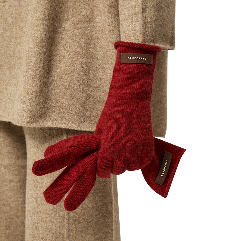 Herbstliche, weiche, einfarbige Spitzenwolle für Damen, warme, gestrickte Fünf-Finger-Handschuhe mit Touchscreen-Funktion für den Winter._voghion.com