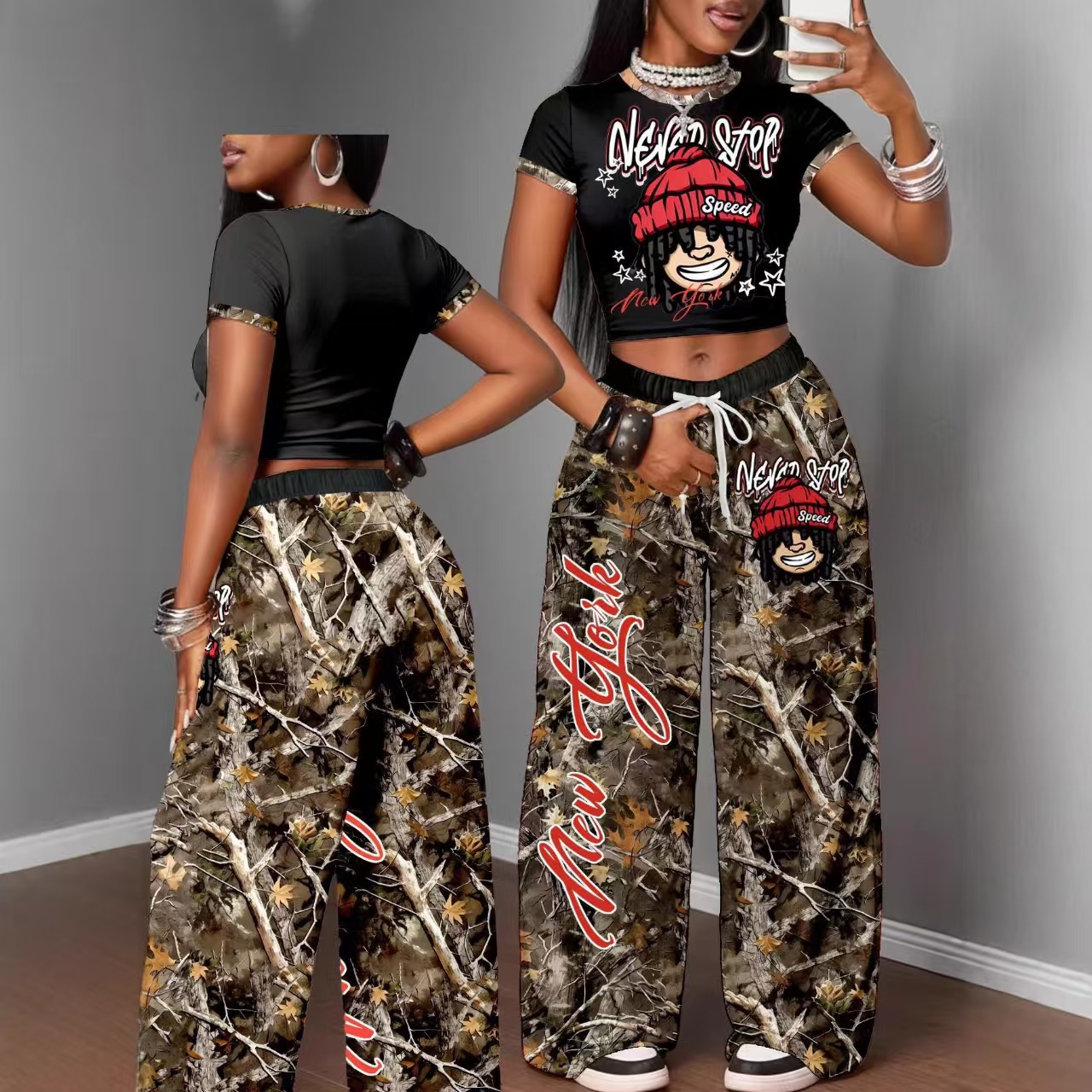 Completo due pezzi da donna stampato, composto da pantaloni corti a maniche corte e gamba larga, top aderente e sexy._voghion.com