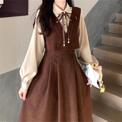春秋冬新款胖妹妹学院风衬衫拼接假两件长裙赫本风复古连衣裙学生
