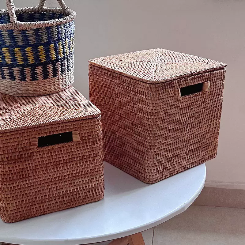 越南藤编收纳筐美式编织篮茶几杂物桌面长方形筐篮子