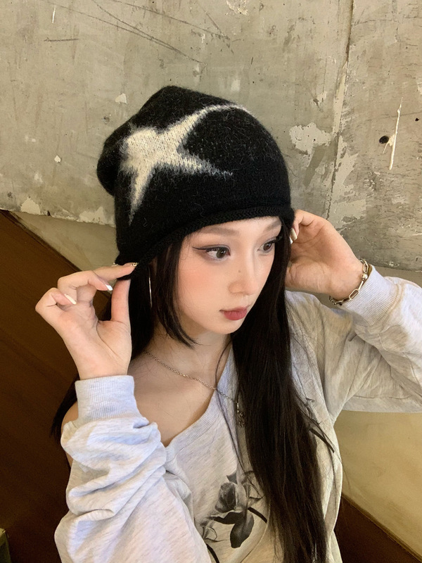秋冬新款星星堆堆帽女时尚护耳包头帽显脸小保暖休闲针织帽月子帽|undefined
