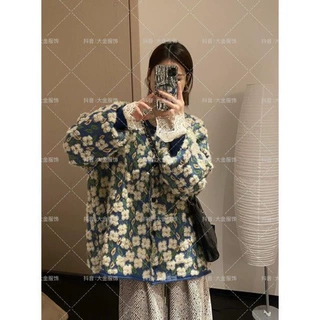 欧货2024秋冬新款甜美花朵撞色休闲宽松毛衣外套复古提花百搭外套