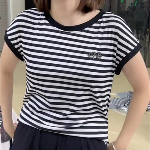 Summer round collar stripe short-sleeved casual style daily breathable T-shirt, foreign style, small pullover, contrasting knitted shirt for women