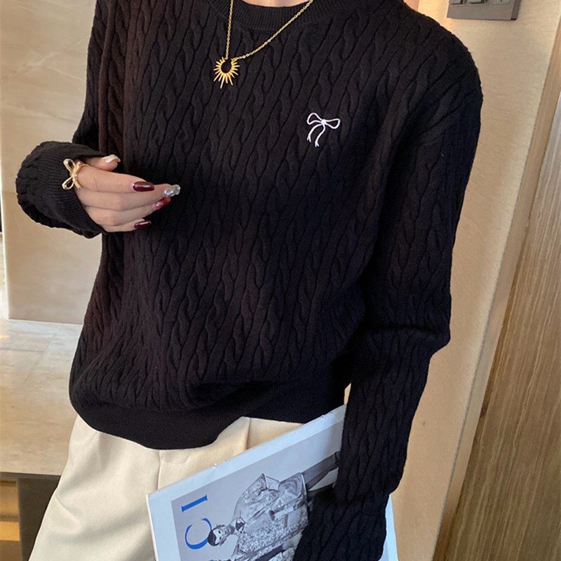 黄色低圆领针织毛衣女秋冬内搭2025新H款小香风上衣刺绣长袖打底|undefined