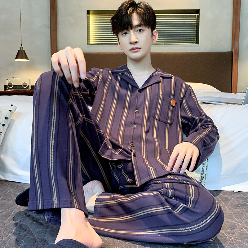 Pijamas de los hombres de primavera y otoño 100% algodón pantalones de manga larga delgada más tamaño de los hombres de alto grado traje de desgaste para el hogar
