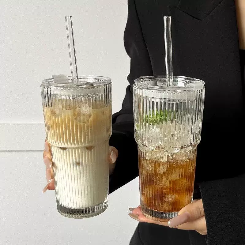 跨境高颜值简约果汁咖啡杯竖条纹玻璃杯水杯大容量叠叠杯带盖吸管