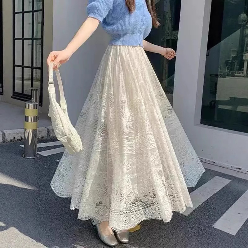 白色蕾丝内衬半身裙夏季新款气质高腰慵懒蓬松网纱仙女飘飘裙子女|undefined