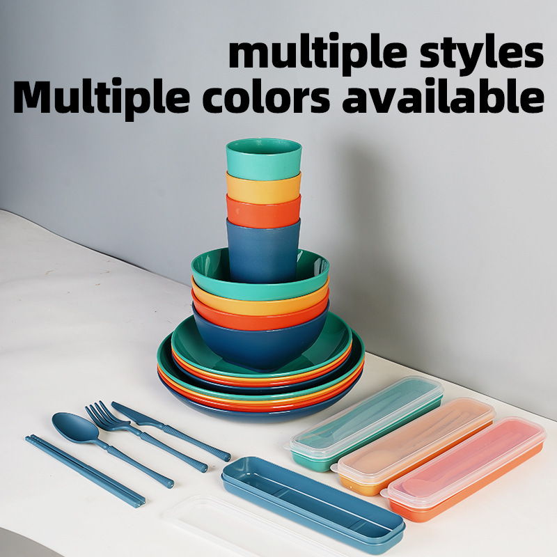 Cross-Border Plate, Dish and Tableware Set for Office Workers, Convenient Fork, Spoon, Knife, Plate, Bowl and Cup for Students, Bowl, Chopsticks and Cup Set for Travel