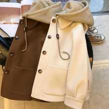 G胖mm感拼接针织连帽毛呢外套女加厚春秋大码300斤假两件棉服