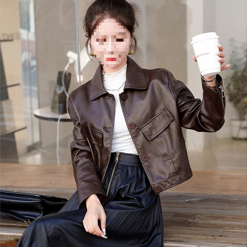 Trendy Women's Leather Jacket Slimming Square Collar Loose 2025 Spring and Autumn New Fashion Short Spandex