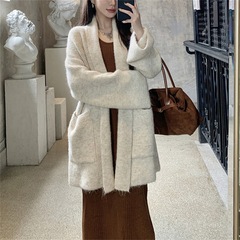 美拉德中长款口袋针织开衫女新款宽松慵懒风气质高级感外套毛衣
