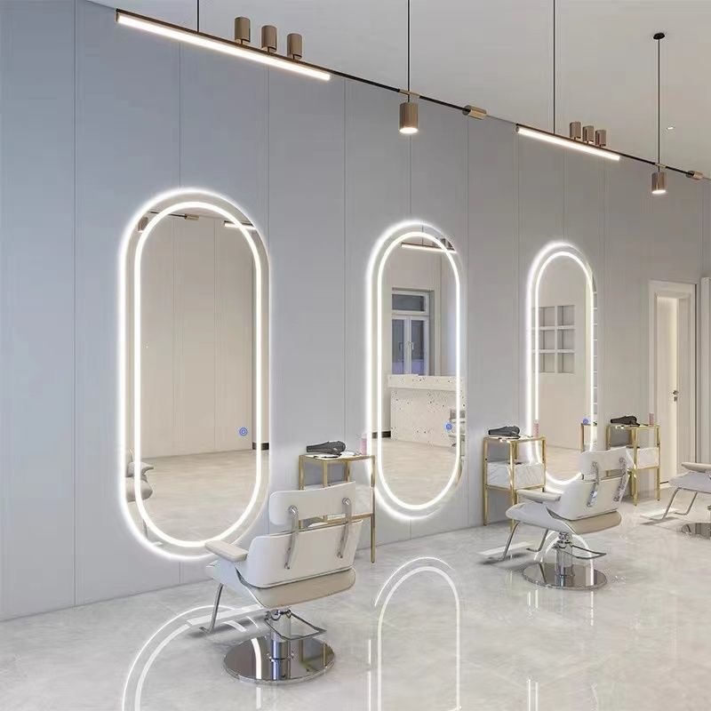 Barbería espejo salón especial barbería escaldar y teñir espejo con lámpara LED elíptica pared colgante suelo espejo de corte de pelo de lujo ligero