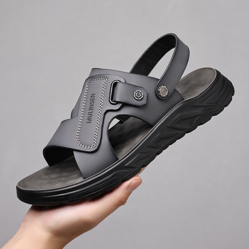 Sandals for Men, Summer Outdoor Wear, Genuine Leather Beach Shoes, Men's Non-Slip, Wear-Resistant, Casual Dual-Purpose Slippers, Middle-Aged and Elderly Men's Sandals