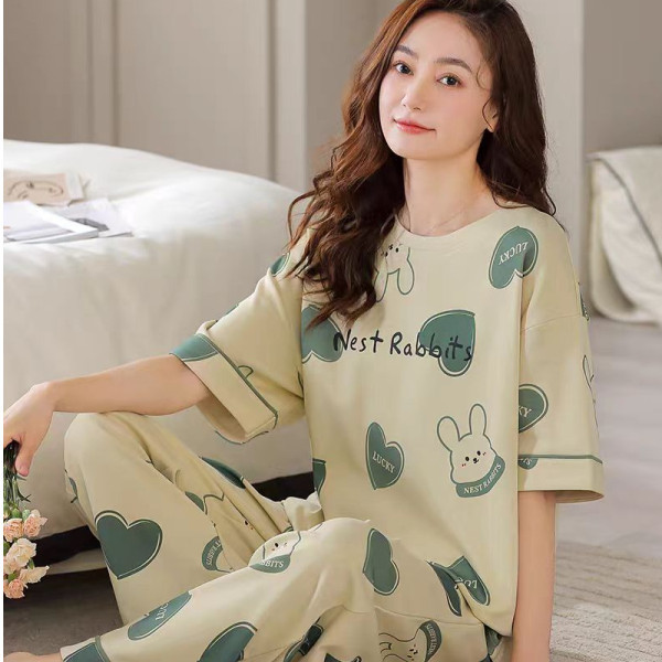 Venta al por mayor transfronteriza de nuevo estilo pijamas de cuello redondo pantalones de manga corta para mujer verano fino imitación algodón dibujos animados casual servicio a domicilio traje simple image 11