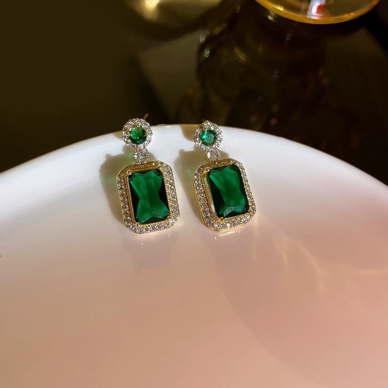  Retro fashionable universal necklace and bracelet emerald, ring, earrings, set, with gem, simple and elegant design