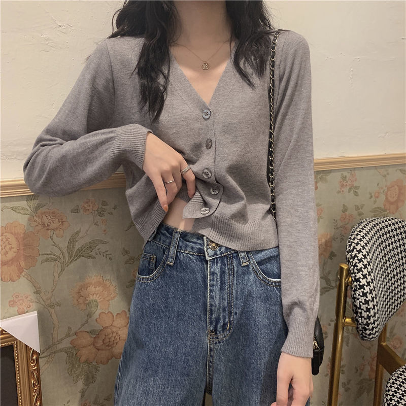2025新款春秋针织开衫女韩版短款V领内搭长袖薄款毛衣外套外搭|undefined