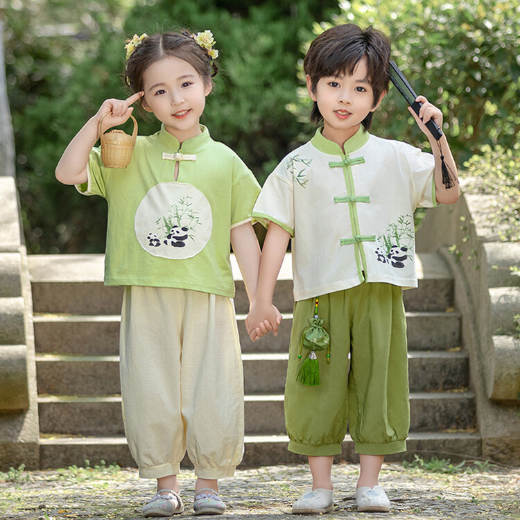 男女童翠竹中式套裝2024夏季新款洋氣民族女寶寶兩件套六一演出服