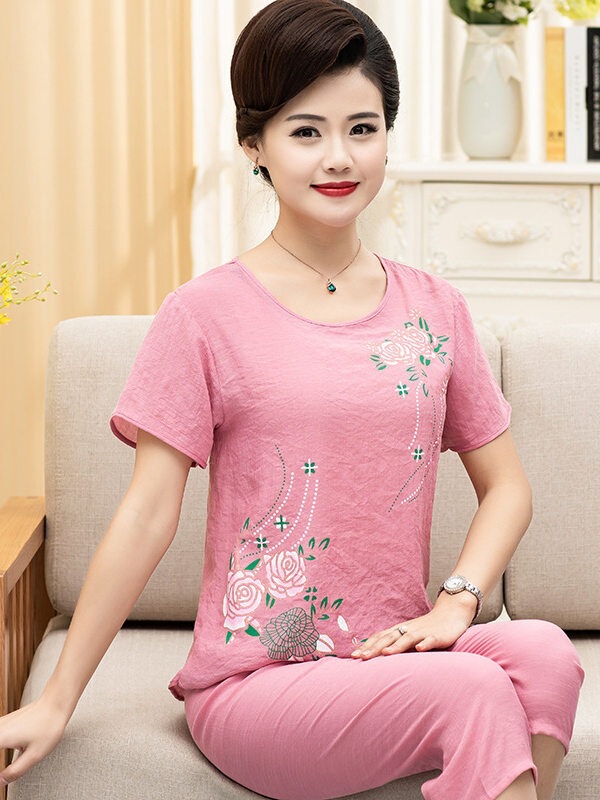 Middle-Aged and Elderly Women's Summer Linen Short-Sleeved Two-Piece Suit, Summer Grandma and Mother's Clothing, Pajamas, Tops, Pants, Home Clothes