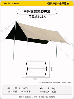 Outdoor Camping Canopy with Uv Protection, Sunshade, Rainproof, Waterproof, Uv Protection Index 3000+ (Avtomobil yan çətirləri) - khaki-400300cm