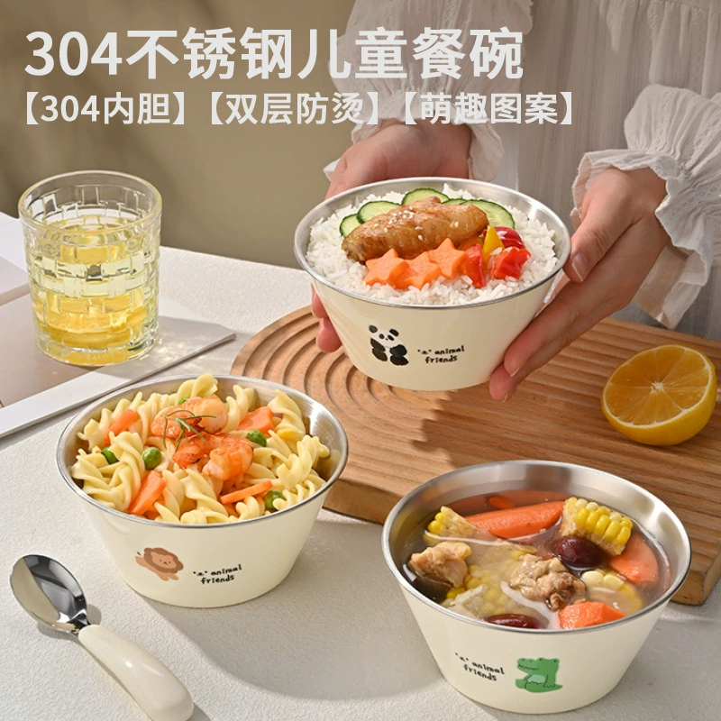 304 Нержавеющая сталь Детская чаша Домашняя детская чаша для еды Двухслойная антиглажная суповая чаша мультяшный милый животный набор миски и ложки