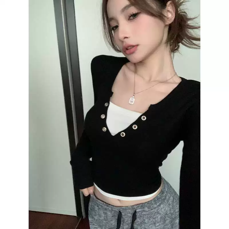 Комплект базовой футболки с длинным рукавом, demi-season, V-образный вырез, slim fit