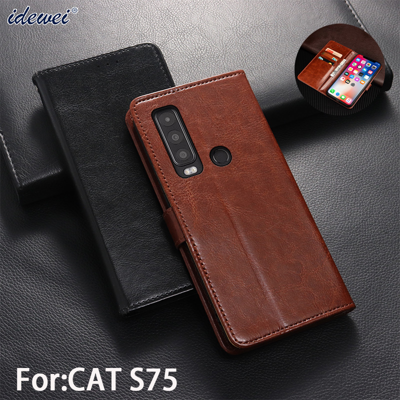 适用CAT S75翻盖插卡皮套 摩托罗拉defy 2手机壳疯马纹支架保护套