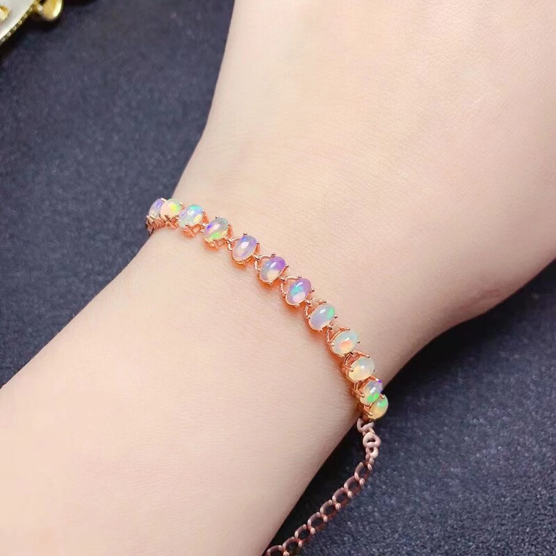 Natural Opal Bracelet 925 Silver Seiko Inlaid Full Net Body Simple Retro European and American Bracelet Caibao Jewelry Bracelet