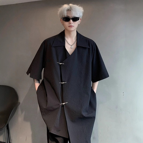 Modern Chinese-style national wind short-sleeve shirt for men, summer thin version, cool handsome texture pattern, shoulder pad, loose turnover collar, half-sleeve shirt