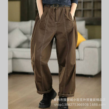 秋季宽松百搭长裤复古立体拼接全棉哈伦裤女高腰显瘦休闲裤