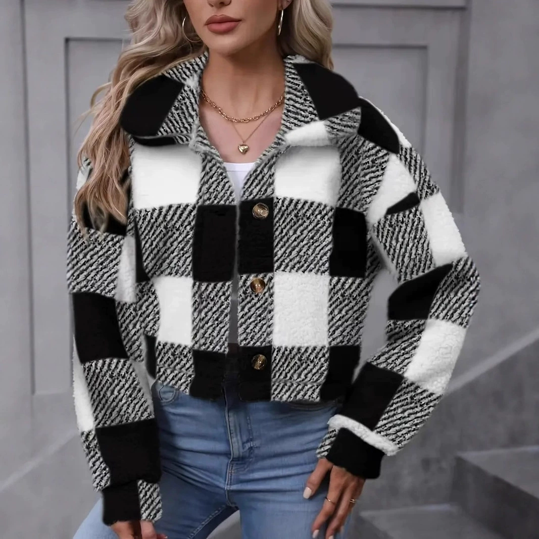 Женское элегантное плюшевое пальто в клетку Amazon, повседневная зимняя теплая куртка с длинными рукавами и пуговицами спереди.