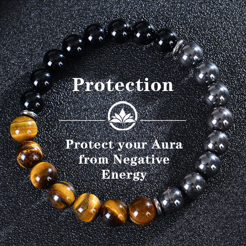 Cross-Border Natural Tiger Eye Stone Obsidian Black Magnet Bracelet Natural Stone Three-Layer Protection Beaded Bracelet Factory Wholesale