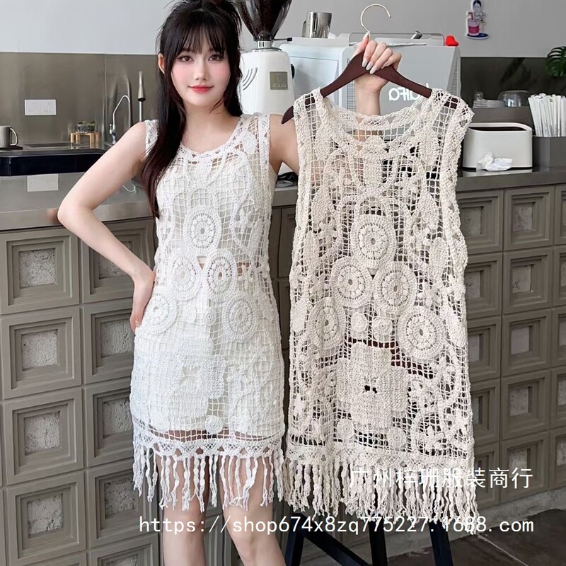 Bohemian Style French Crochet Hollow Lace Knit Vest Women's Long Outerwear Sleeveless Dress