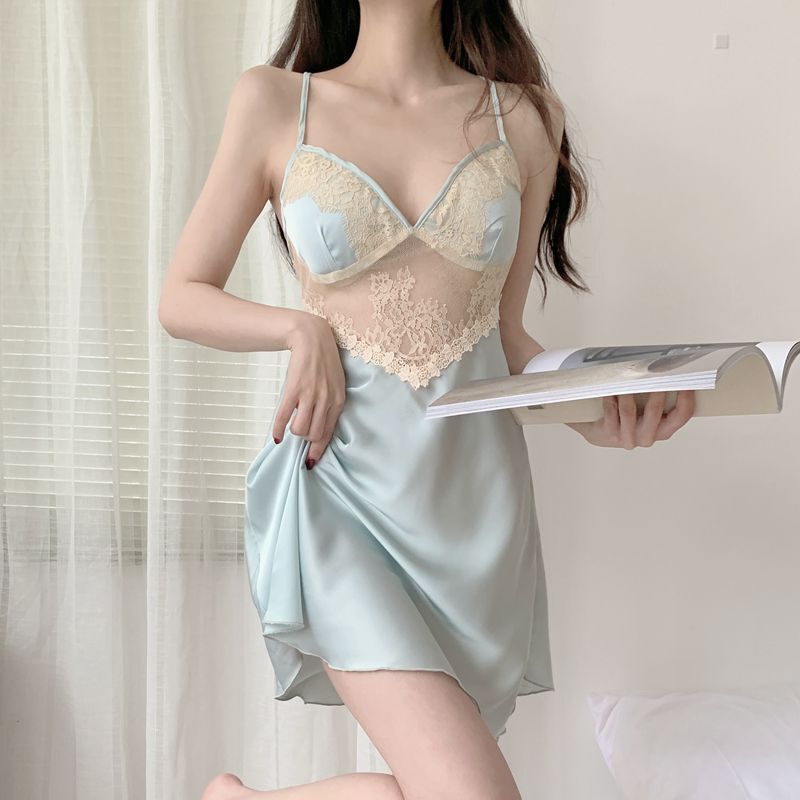 Summer Sexy Sleepwear for Women, Ice Silk Camisole Nightgown with Lace, Beautiful Back Design, Chest Pad, Sheer Lingerie, Loungewear